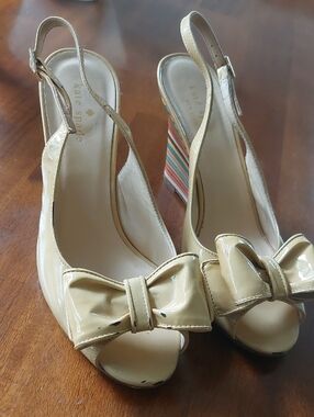 kate spade Cream Patent Bow Peep-Toe Slingback Wedges with Stripe Heel